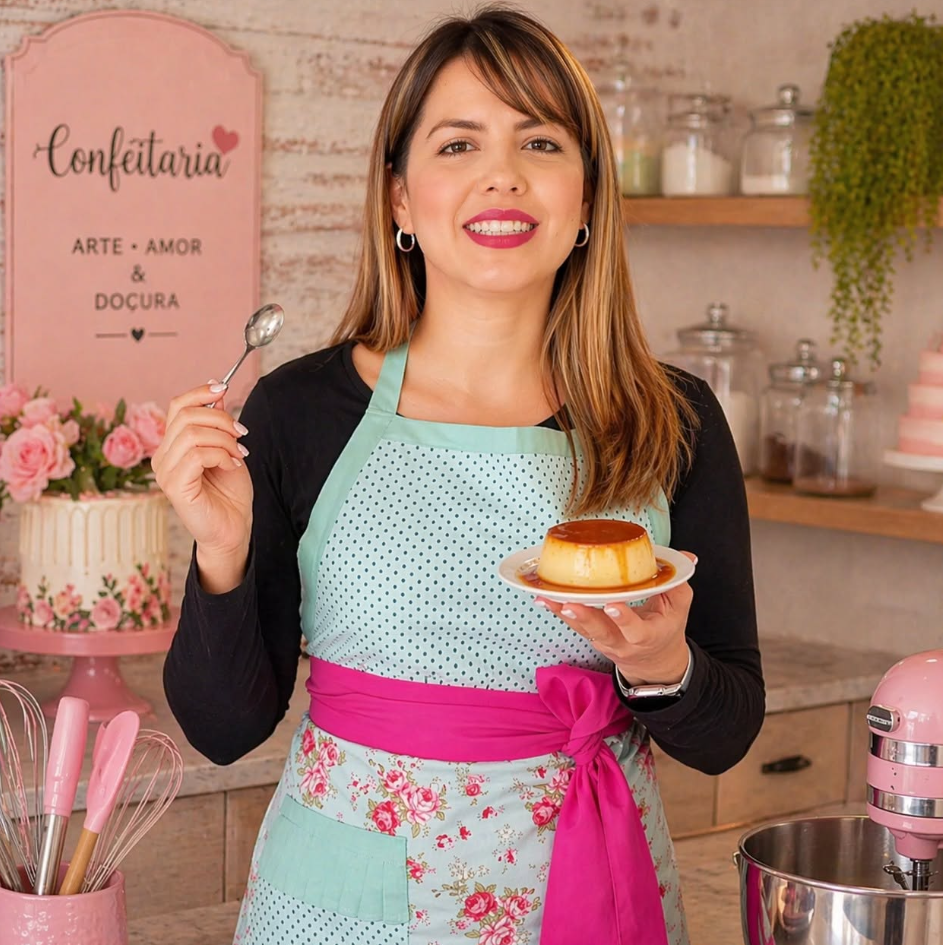 Chef Ana Paula Colins segurando um pudim e uma colher na cozinha